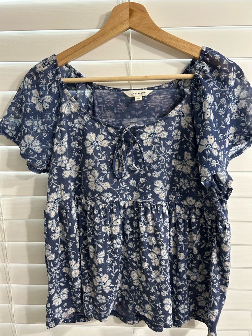 Lucky Brand Navy Blue Floral Tie-Neck Peasant Blouse